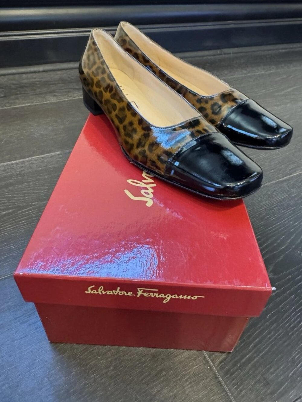 Authentic Salvatore Ferragamo Leopard Print Patent Leather Square Toe Size 6